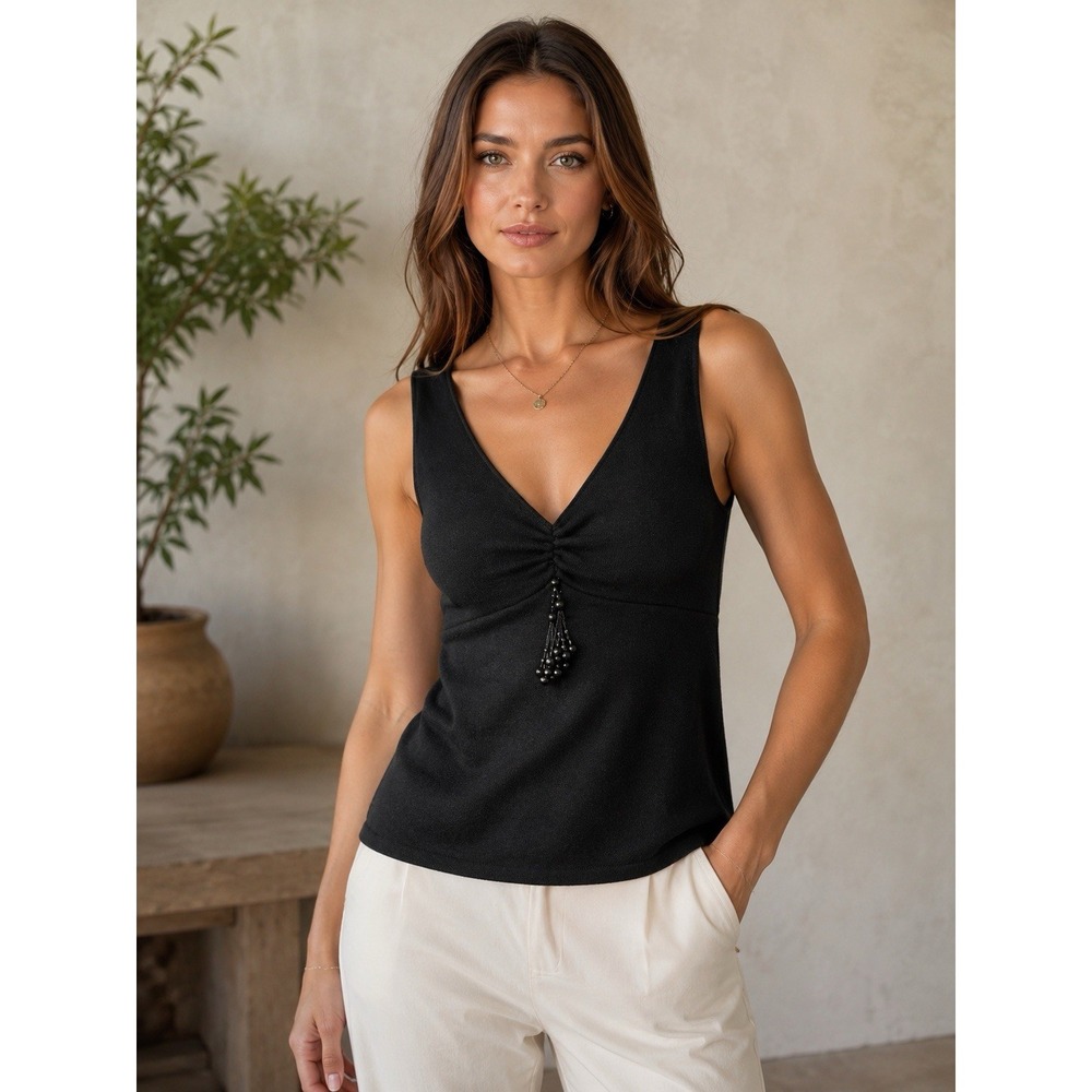 Y2K Naeem Khan Vintage Superfine Cashmere Beaded Sweater Tank Top Black Large